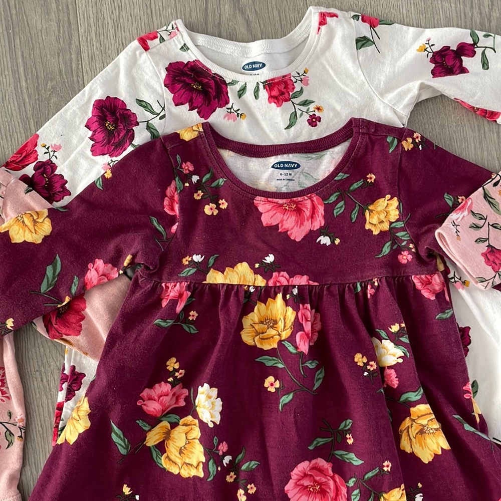 Adorable floral dresses, onesie and bodysuit.